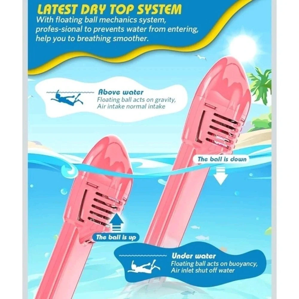 Pink Kids Full Face Snorkel Mask Dry Top Snorkel 180° View Anti-Fog XS